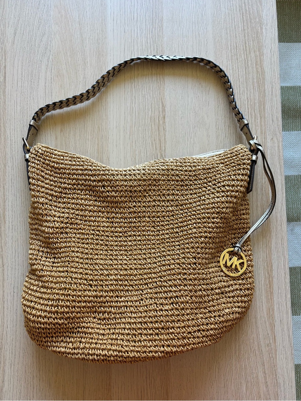 Michael Kors Large Braided Raffia Hobo with Metallic Accents